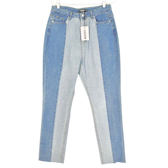 Missguided Women Colourblock Wrath Straight Leg Blue Denim Jean Sz 8 Raw Hem NWT - Picture 1 of 11